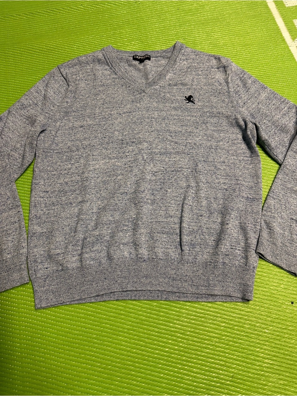 Express Men’s Heather Gray V-Neck Sweater with Embroidered Logo